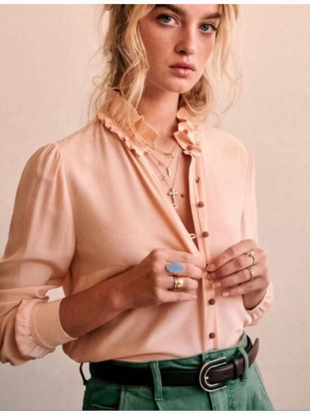 Sezane Peach Pink Silk Ruffle Collar Button Blouse 34 XS